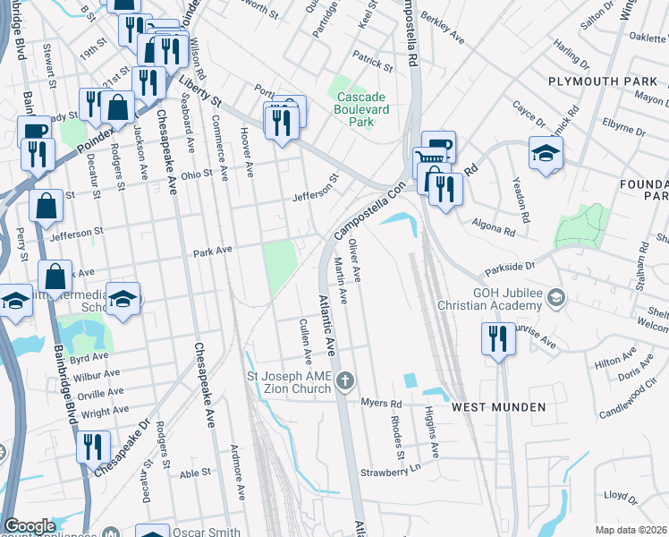 map of restaurants, bars, coffee shops, grocery stores, and more near 1407 Martin Avenue in Chesapeake