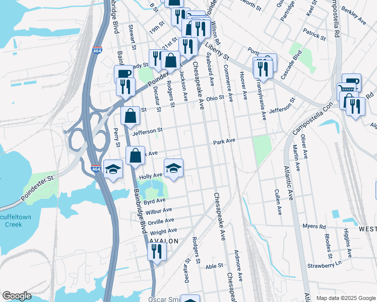 map of restaurants, bars, coffee shops, grocery stores, and more near 1333 Rodgers Street in Chesapeake