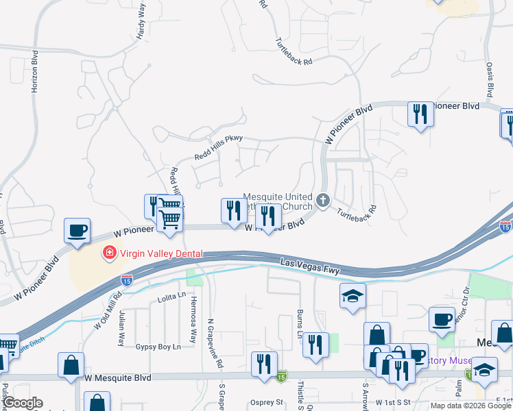map of restaurants, bars, coffee shops, grocery stores, and more near 559 Fairways Drive in Mesquite