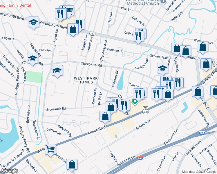 map of restaurants, bars, coffee shops, grocery stores, and more near 1526 Blanche Drive in Portsmouth