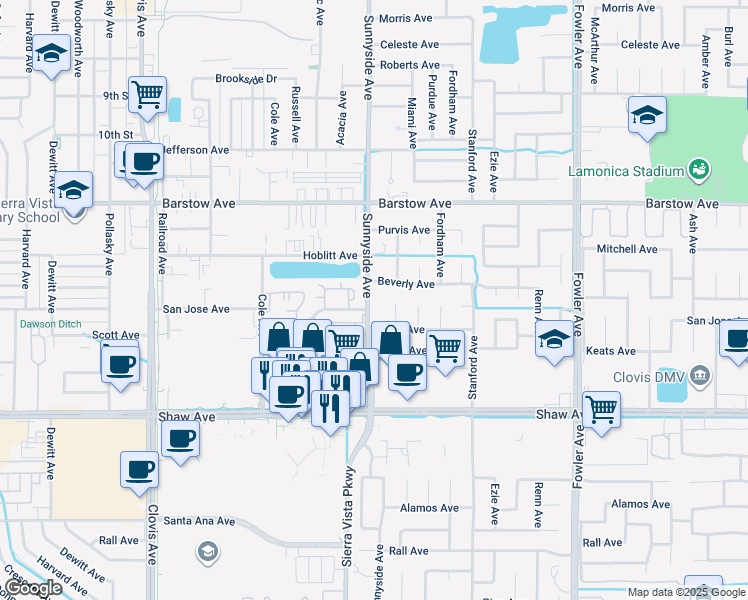 map of restaurants, bars, coffee shops, grocery stores, and more near 1533 Sunnyside Avenue in Clovis