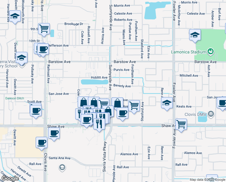 map of restaurants, bars, coffee shops, grocery stores, and more near 1533 Sunnyside Avenue in Clovis