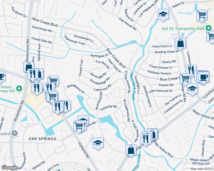 map of restaurants, bars, coffee shops, grocery stores, and more near 3240 Lakecrest Road in Virginia Beach