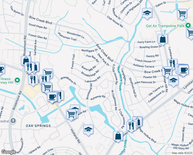 map of restaurants, bars, coffee shops, grocery stores, and more near 3240 Lakecrest Road in Virginia Beach