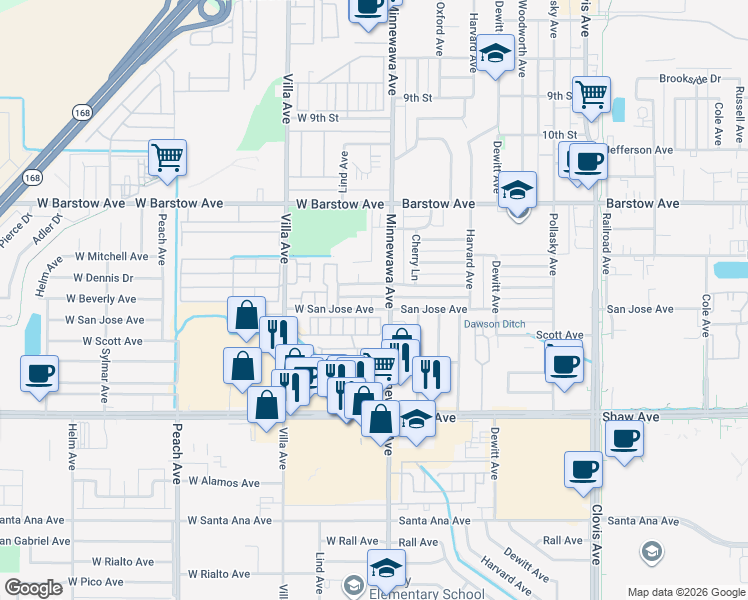 map of restaurants, bars, coffee shops, grocery stores, and more near 25 West San Jose Avenue in Clovis