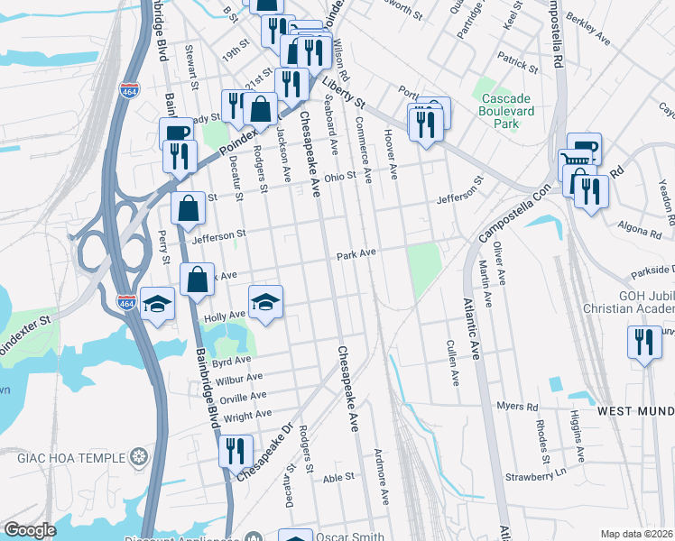 map of restaurants, bars, coffee shops, grocery stores, and more near 1400 Park Avenue in Chesapeake