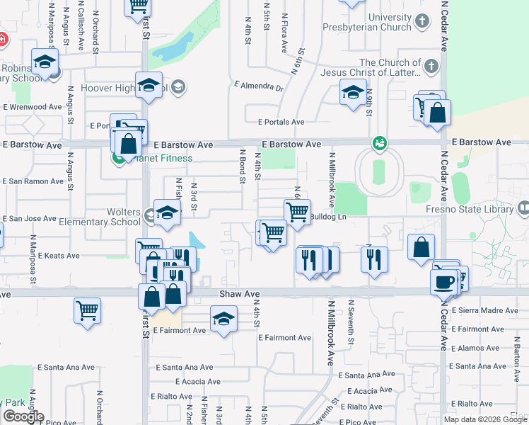 map of restaurants, bars, coffee shops, grocery stores, and more near 1322 East Bulldog Lane in Fresno
