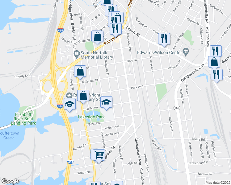 map of restaurants, bars, coffee shops, grocery stores, and more near 1212 Park Avenue in Chesapeake
