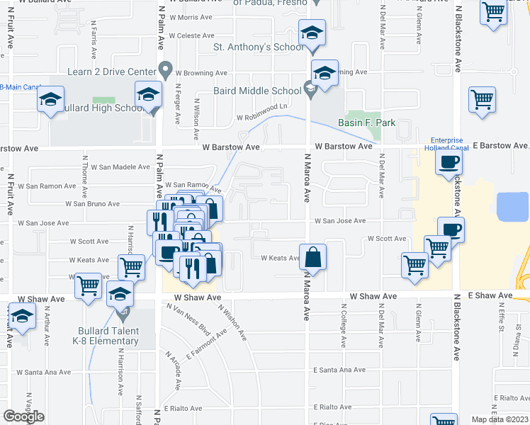 map of restaurants, bars, coffee shops, grocery stores, and more near 512 West San Jose Avenue in Fresno