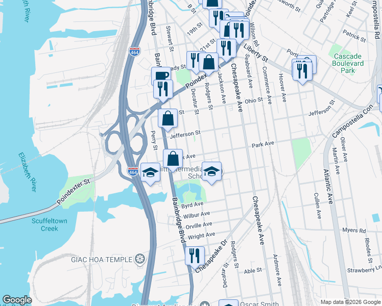 map of restaurants, bars, coffee shops, grocery stores, and more near 1001 Park Avenue in Chesapeake