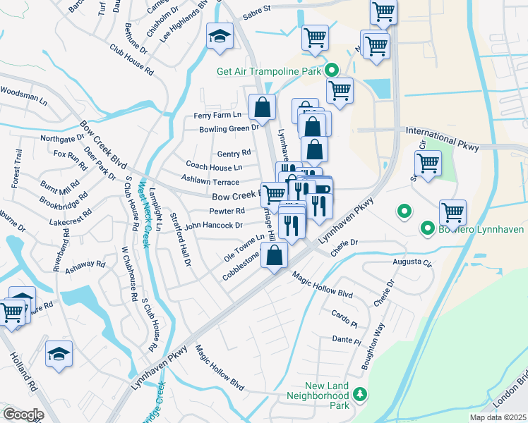 map of restaurants, bars, coffee shops, grocery stores, and more near 3013 Pewter Road in Virginia Beach