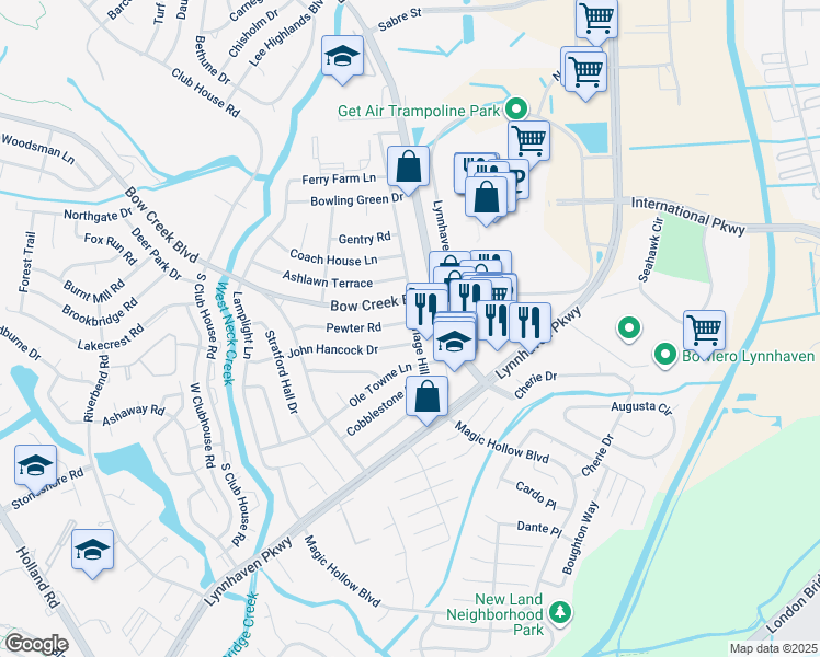 map of restaurants, bars, coffee shops, grocery stores, and more near 3013 Pewter Road in Virginia Beach