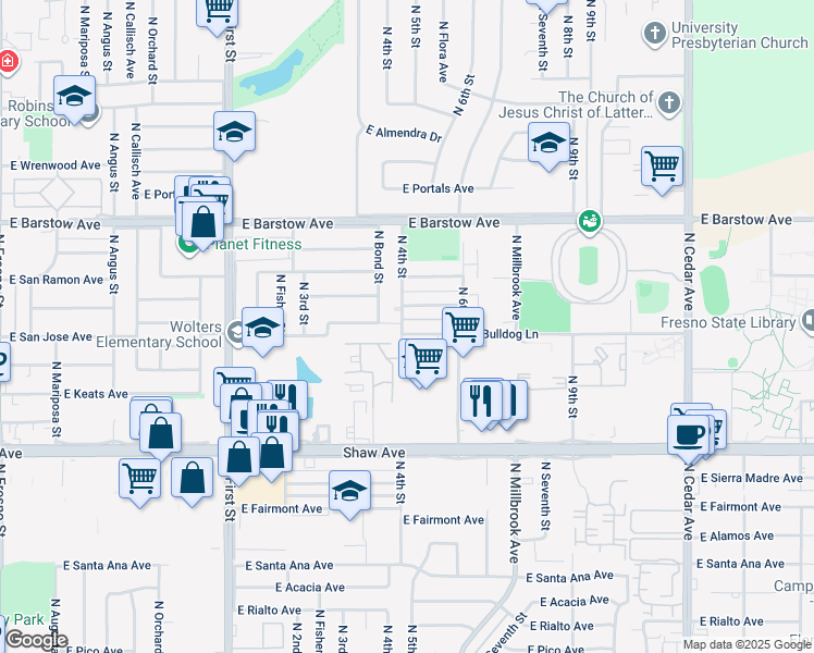 map of restaurants, bars, coffee shops, grocery stores, and more near 5237 North 4th Street in Fresno