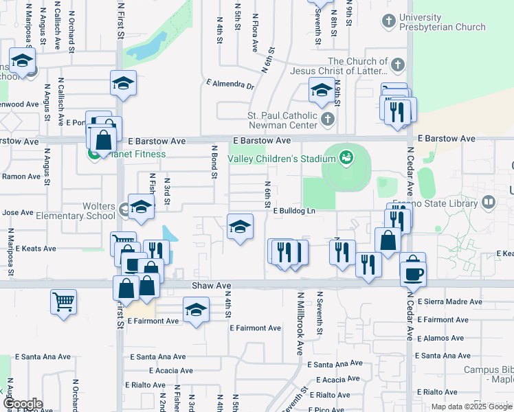 map of restaurants, bars, coffee shops, grocery stores, and more near 1380 East Bulldog Lane in Fresno