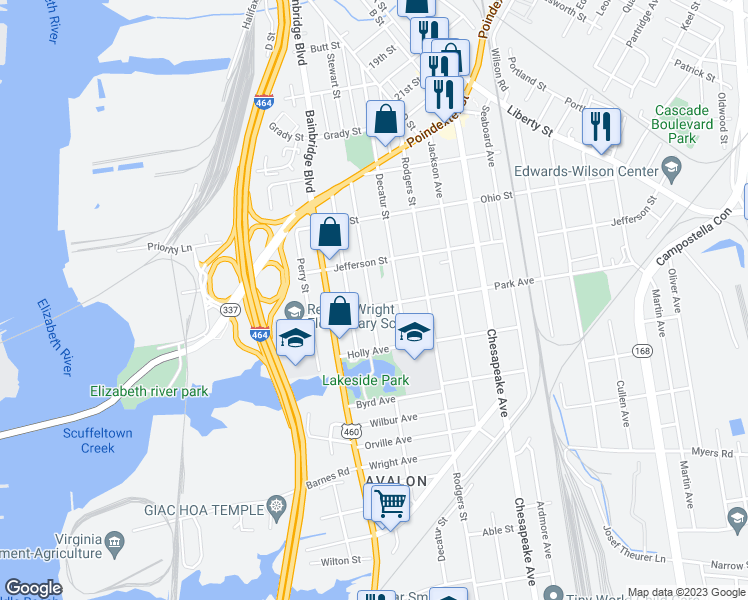 map of restaurants, bars, coffee shops, grocery stores, and more near 1001 Park Avenue in Chesapeake