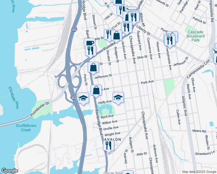 map of restaurants, bars, coffee shops, grocery stores, and more near 1009 Park Avenue in Chesapeake
