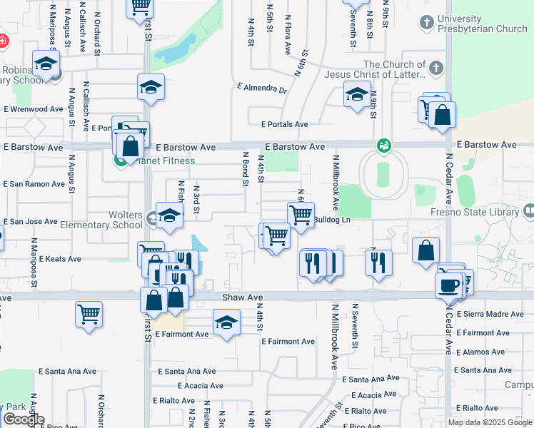 map of restaurants, bars, coffee shops, grocery stores, and more near 1341 East San Bruno Avenue in Fresno
