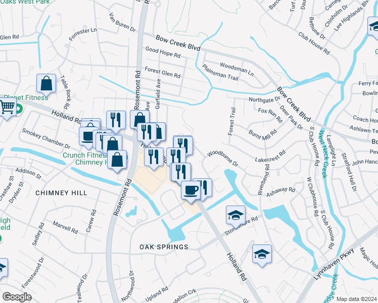 map of restaurants, bars, coffee shops, grocery stores, and more near 3400 Haley Court in Virginia Beach