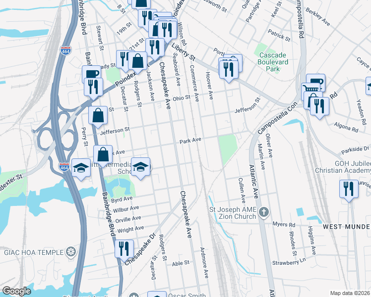 map of restaurants, bars, coffee shops, grocery stores, and more near 1400 Seaboard Avenue in Chesapeake