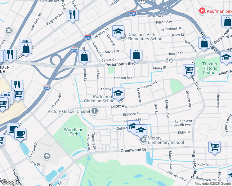 map of restaurants, bars, coffee shops, grocery stores, and more near 218 Wall Street in Portsmouth