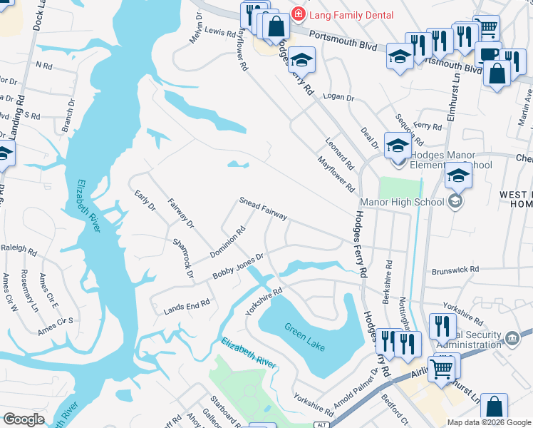 map of restaurants, bars, coffee shops, grocery stores, and more near 206 Snead Fairway in Portsmouth