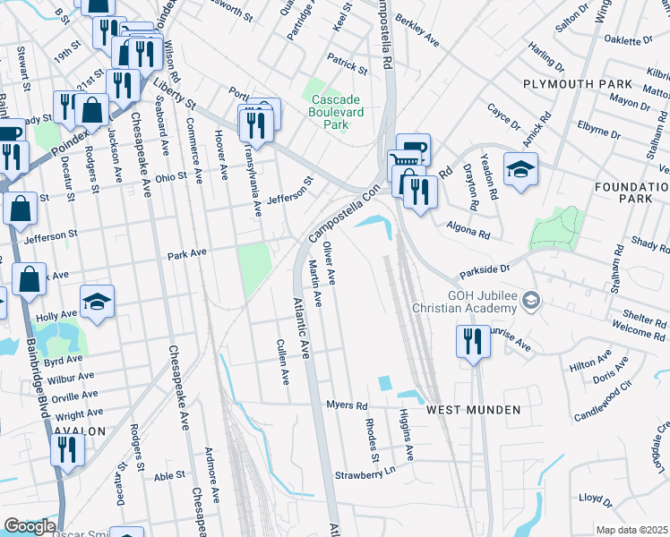 map of restaurants, bars, coffee shops, grocery stores, and more near 1424 Oliver Avenue in Chesapeake
