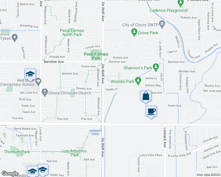 map of restaurants, bars, coffee shops, grocery stores, and more near 3431 Smith Lane in Clovis