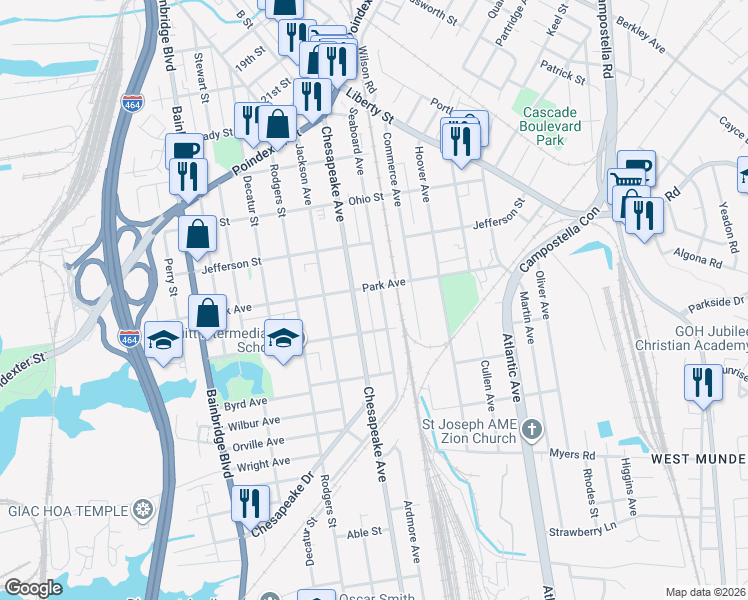 map of restaurants, bars, coffee shops, grocery stores, and more near 1400 Seaboard Avenue in Chesapeake
