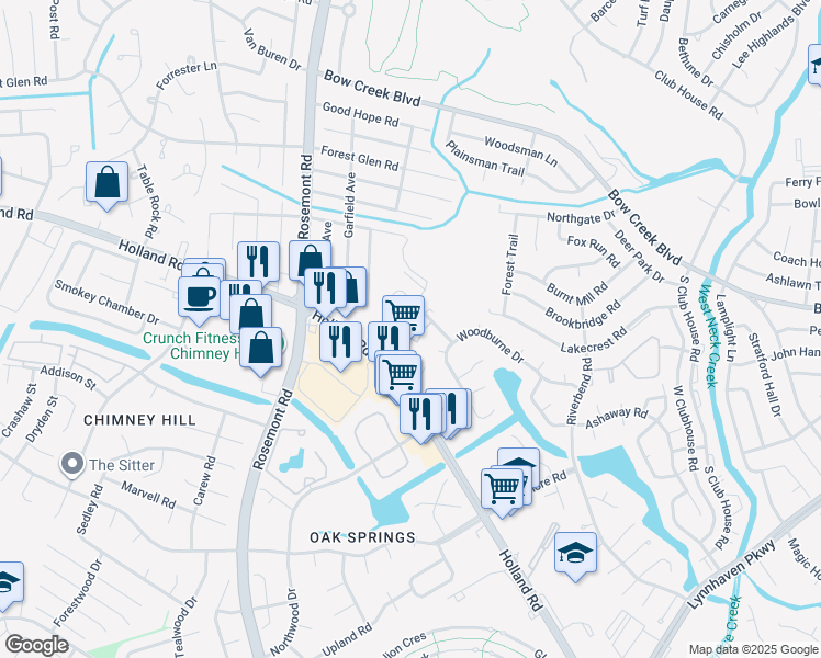 map of restaurants, bars, coffee shops, grocery stores, and more near 3416 Hollygreen Drive in Virginia Beach
