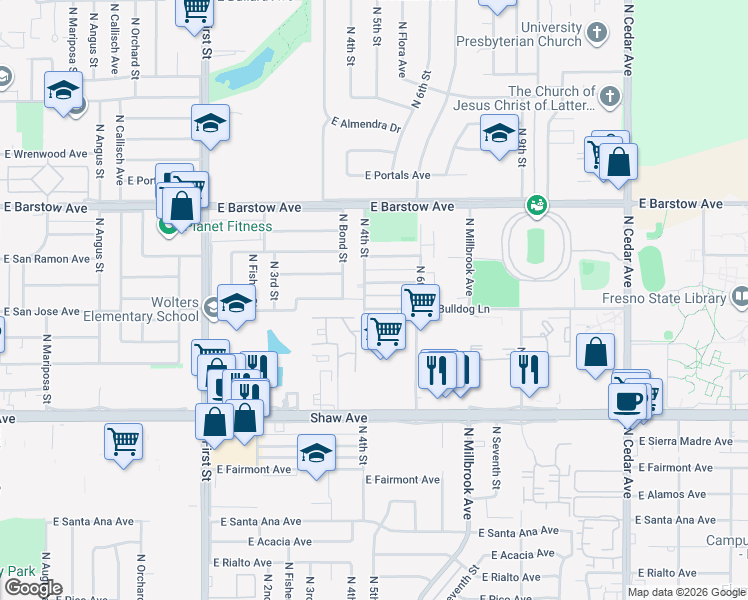 map of restaurants, bars, coffee shops, grocery stores, and more near 1341 East San Bruno Avenue in Fresno