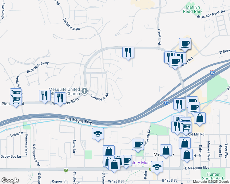 map of restaurants, bars, coffee shops, grocery stores, and more near 260 Haley Way in Mesquite