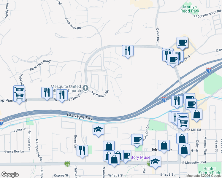 map of restaurants, bars, coffee shops, grocery stores, and more near 441 Turtleback Road in Mesquite