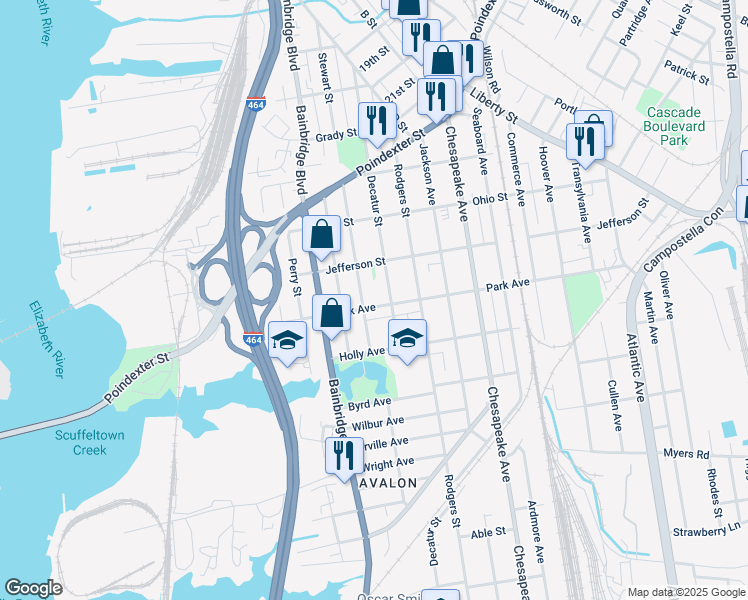 map of restaurants, bars, coffee shops, grocery stores, and more near 1009 Park Avenue in Chesapeake