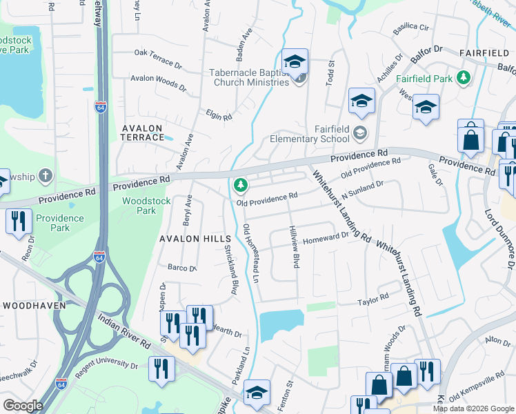 map of restaurants, bars, coffee shops, grocery stores, and more near 5544 Old Providence Road in Virginia Beach