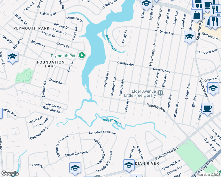 map of restaurants, bars, coffee shops, grocery stores, and more near 1510 Walnut Avenue in Chesapeake