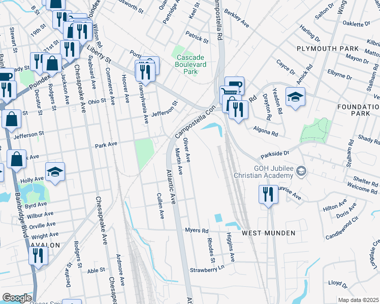 map of restaurants, bars, coffee shops, grocery stores, and more near 1424 Oliver Avenue in Chesapeake