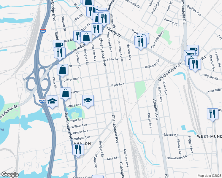 map of restaurants, bars, coffee shops, grocery stores, and more near 1409 Chesapeake Avenue in Chesapeake