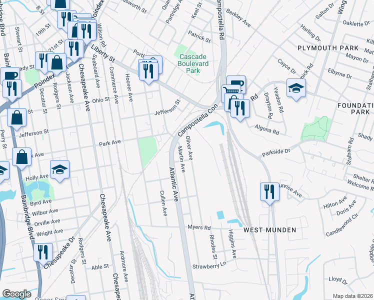 map of restaurants, bars, coffee shops, grocery stores, and more near 1416 Oliver Avenue in Chesapeake