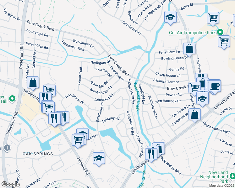map of restaurants, bars, coffee shops, grocery stores, and more near 3233 Lakecrest Road in Virginia Beach