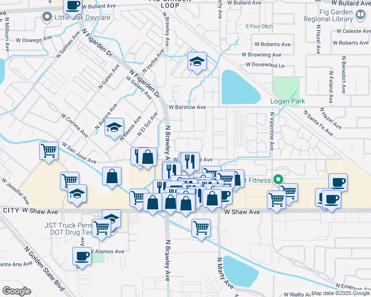 map of restaurants, bars, coffee shops, grocery stores, and more near 5250 North Brawley Avenue in Fresno