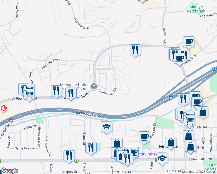 map of restaurants, bars, coffee shops, grocery stores, and more near 436 Canyon View Way in Mesquite