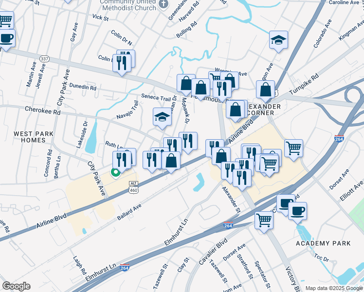 map of restaurants, bars, coffee shops, grocery stores, and more near 9 Mohican Drive in Portsmouth