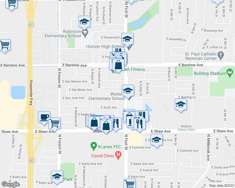 map of restaurants, bars, coffee shops, grocery stores, and more near East San Bruno Avenue in Fresno