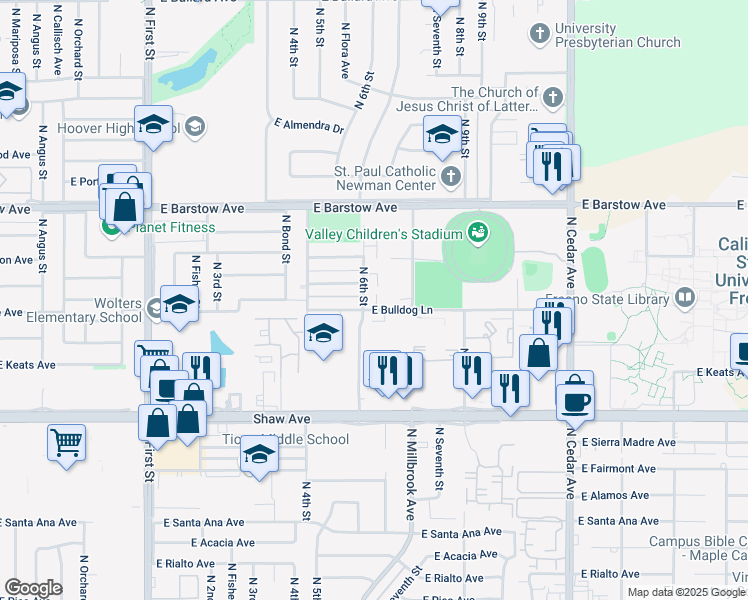 map of restaurants, bars, coffee shops, grocery stores, and more near 5240 North 6th Street in Fresno