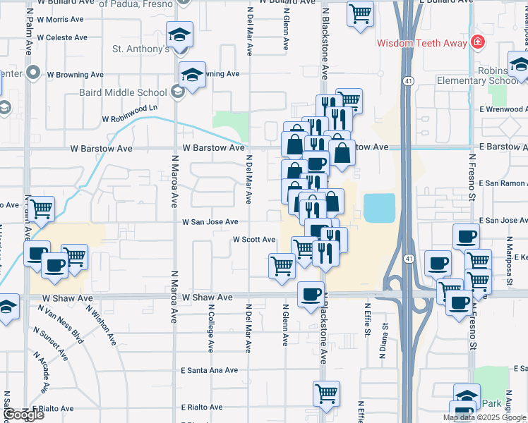map of restaurants, bars, coffee shops, grocery stores, and more near 5240 North Del Mar Avenue in Fresno