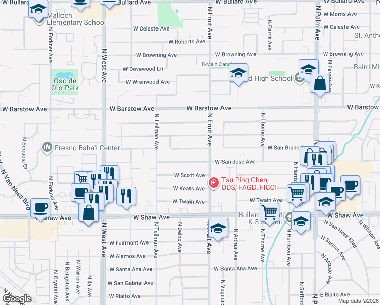 map of restaurants, bars, coffee shops, grocery stores, and more near 1448 West San Bruno Avenue in Fresno