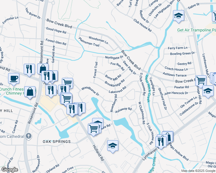 map of restaurants, bars, coffee shops, grocery stores, and more near 3300 Brookbridge Road in Virginia Beach