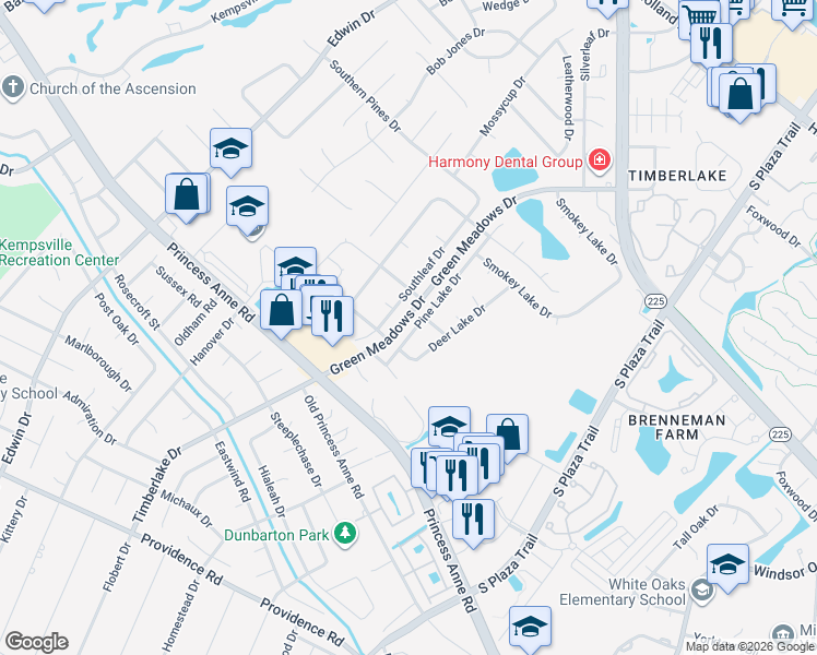 map of restaurants, bars, coffee shops, grocery stores, and more near 748 Southleaf Drive in Virginia Beach