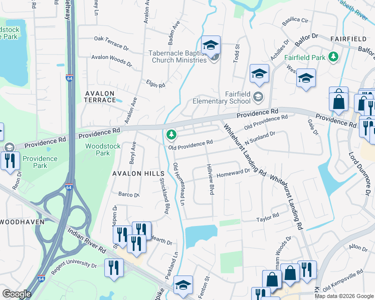 map of restaurants, bars, coffee shops, grocery stores, and more near 5544 Old Providence Road in Virginia Beach