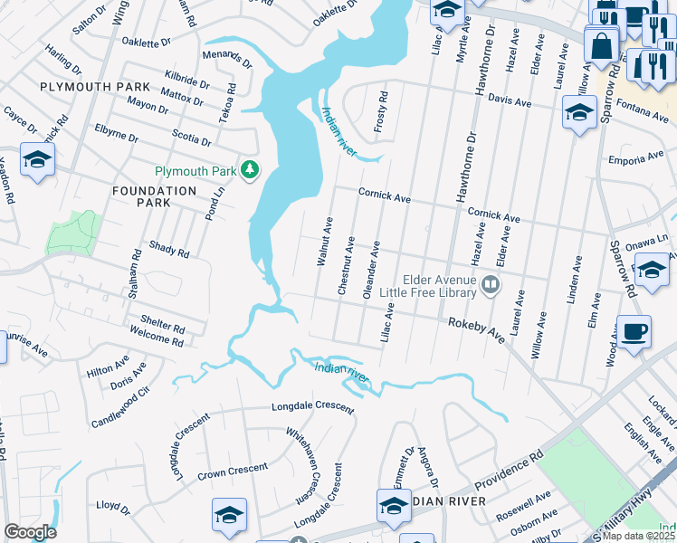 map of restaurants, bars, coffee shops, grocery stores, and more near 1510 Walnut Avenue in Chesapeake